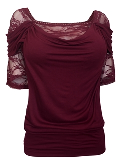 Plus size Floral Lace Half Sleeve Top Wine