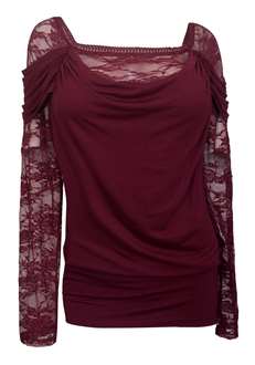 Plus size Floral Lace Sleeve Top Wine