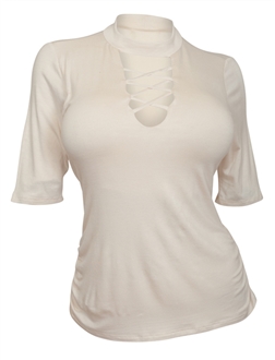 Plus Size Lace Up Mock Neck Top Ivory