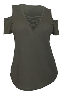 Plus size V-Neck Lace Up Cold Shoulder Top Olive