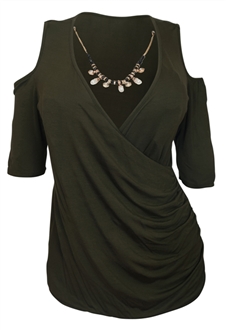 Plus Size Wrap Bodice Top with Necklace Detail Olive