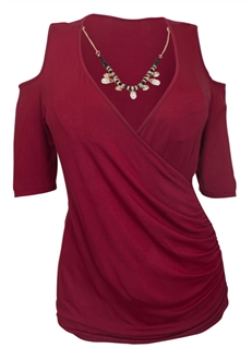 Plus Size Wrap Bodice Top with Necklace Detail Burgundy