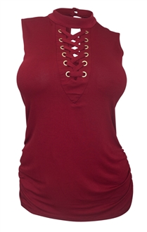 Plus Size Mock Turtleneck Lace Up Sleeveless Top Burgundy