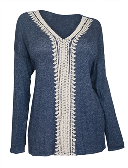 Plus Size Crochet Inset Long Sleeve Top Blue