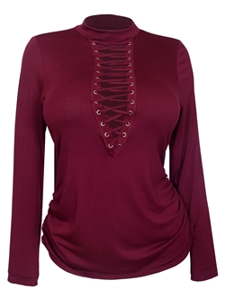 Women's Mock Neck Lace Up Long Sleeve Top Wine