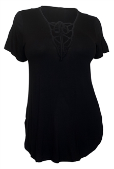 Women's V-Neck Lace Up Curved Hem Top Black