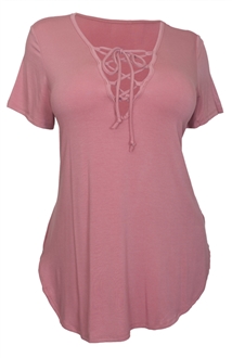 Women's V-Neck Lace Up Curved Hem Top Pink