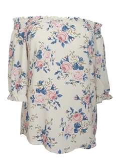 Women's Smocked Off The Shoulder Tunic Top Ivory Floral