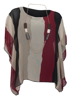 Women's Layered Square Poncho Top Burgundy Stripe Print