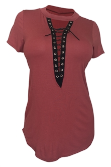 Women's Lace Up Mock Neck Top Rust 1761