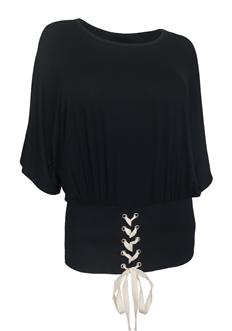 Women's Lace Up Detail Dolman Sleeve Top Black