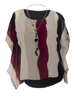 Plus Size Layered Square Poncho Top Burgundy Stripe Print 1792