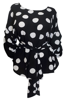 Plus Size Round Neck Chiffon Wrap Back Top Polka Dot Print Black