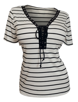 Plus Size V-Neck Lace Up Stripe Top White