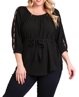 Plus Size Waist Tie Hi-Lo Hem Top Black