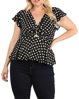 Plus Size V-neck Polka Dot Top Black