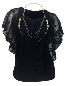 Plus Size Layered Poncho Top Floral Lace Black 18927