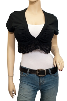 Jr Plus Size Lace Trim Cotton Cropped Bolero Shrug Black