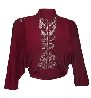 Plus Size Floral Laced Back Cropped Bolero Shrug Burgundy