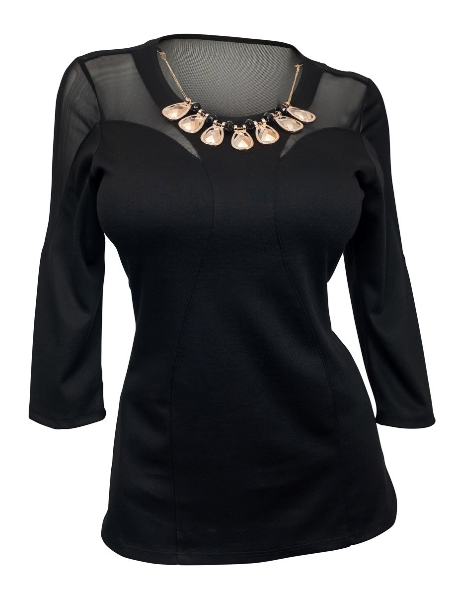 Plus size Three Quarter Sleeve Mesh Yoke Top Black | eVogues Apparel