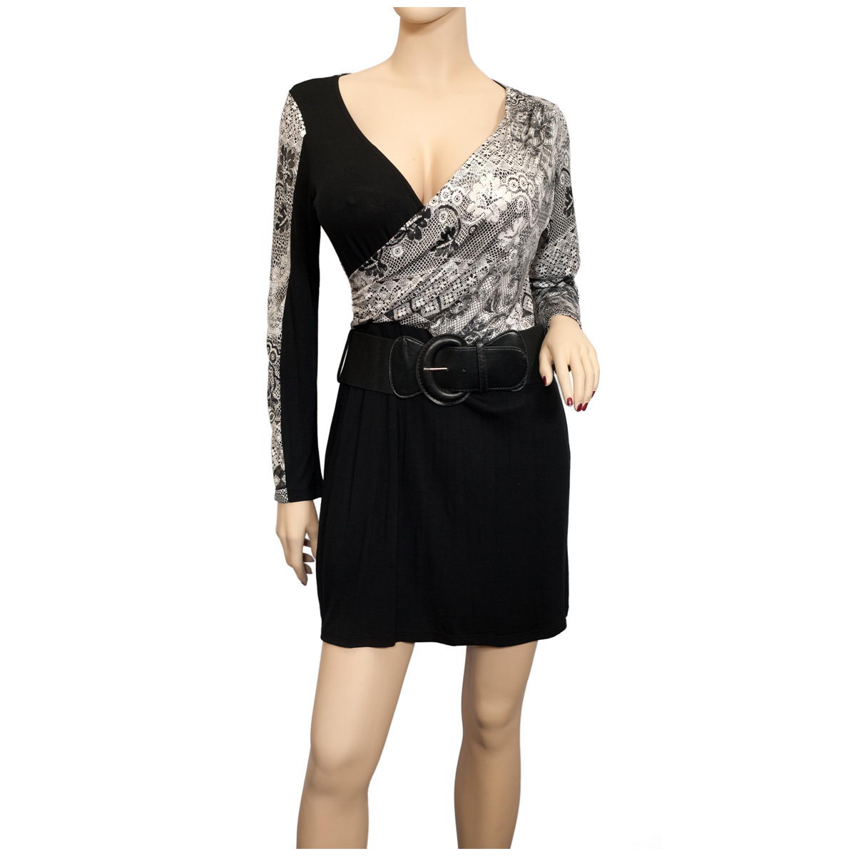 Plus Size Wrap Bodice Long Sleeve Mini Dress Black | eVogues Apparel