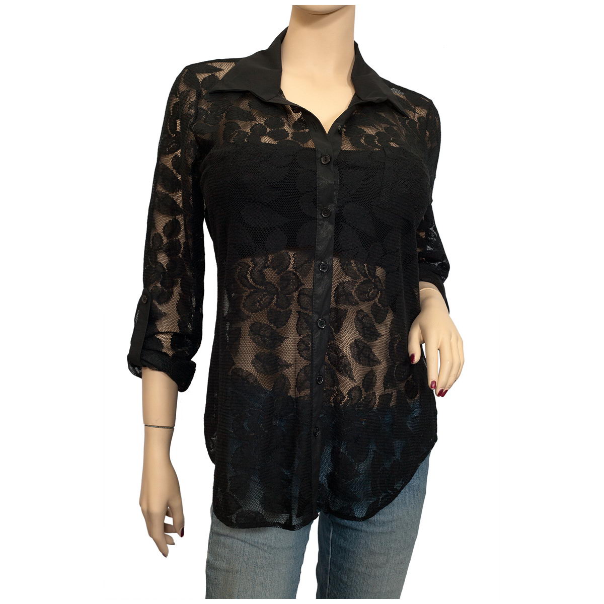 Plus size Lace Button Down Shirt Black | eVogues Apparel