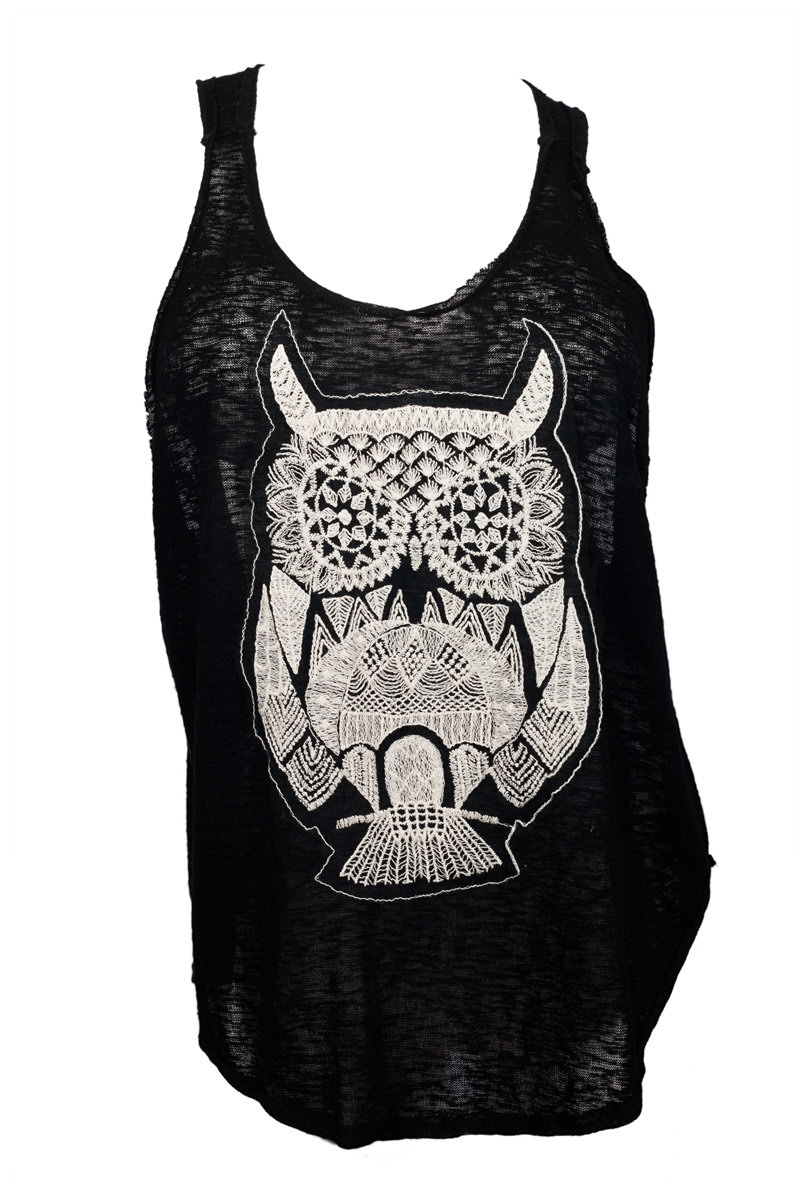 Plus Size Owl Embroidery Knit Tank Top Black | eVogues Apparel