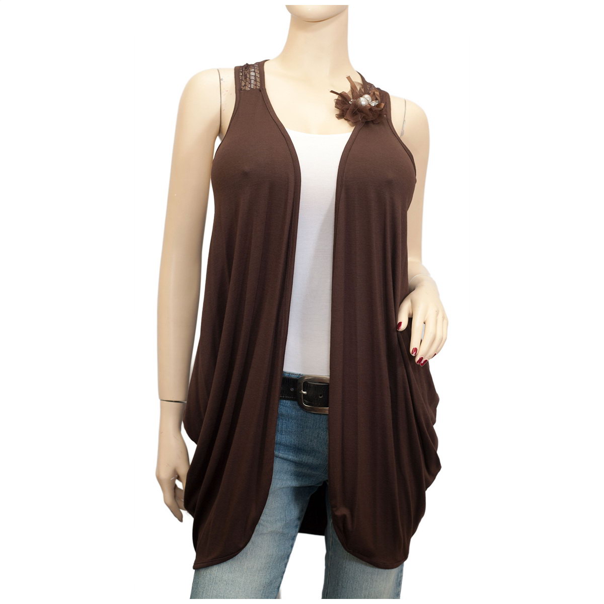 Brown Lace Back Plus Size Cardigan | eVogues Apparel