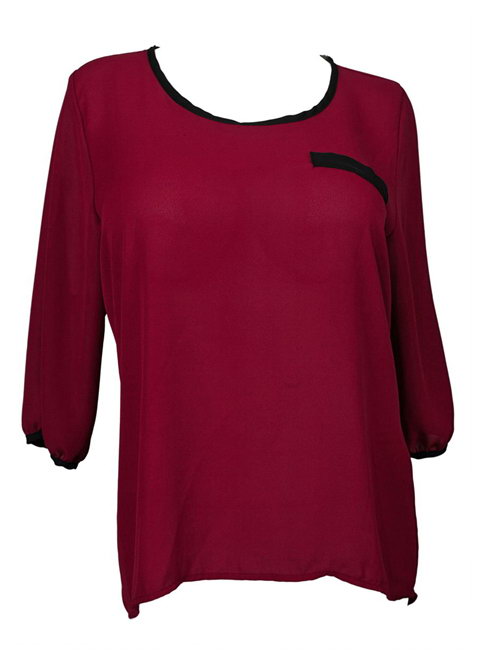 Plus Size 3/4 Sleeve Colorblock Chiffon Blouse Burgundy | eVogues Apparel