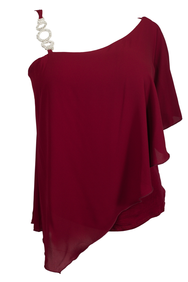 Plus Size Asymmetric Pendant Strap One Shoulder Layered Top Burgundy ...