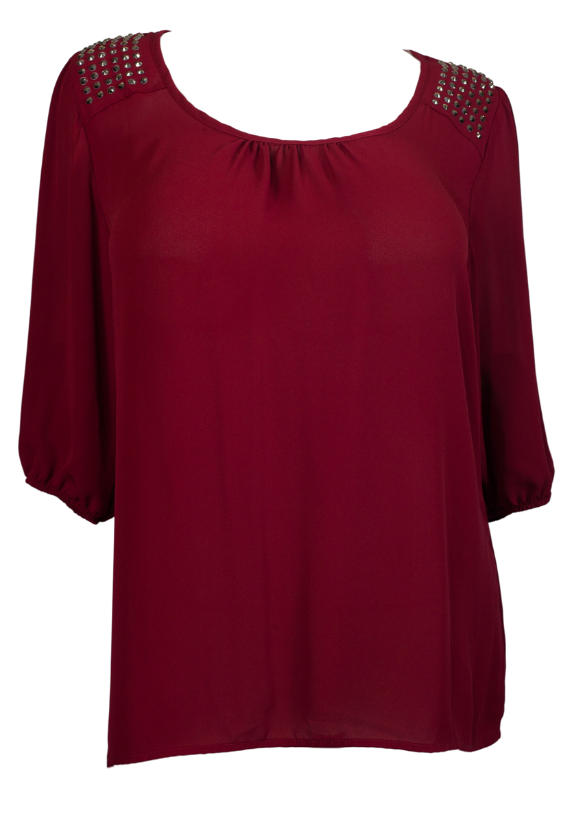 Plus Size Studded Shoulder Chiffon Top Burgundy | eVogues Apparel