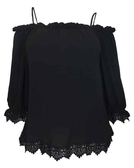 Plus Size Crochet Trim Off Shoulder Top Black | eVogues Apparel