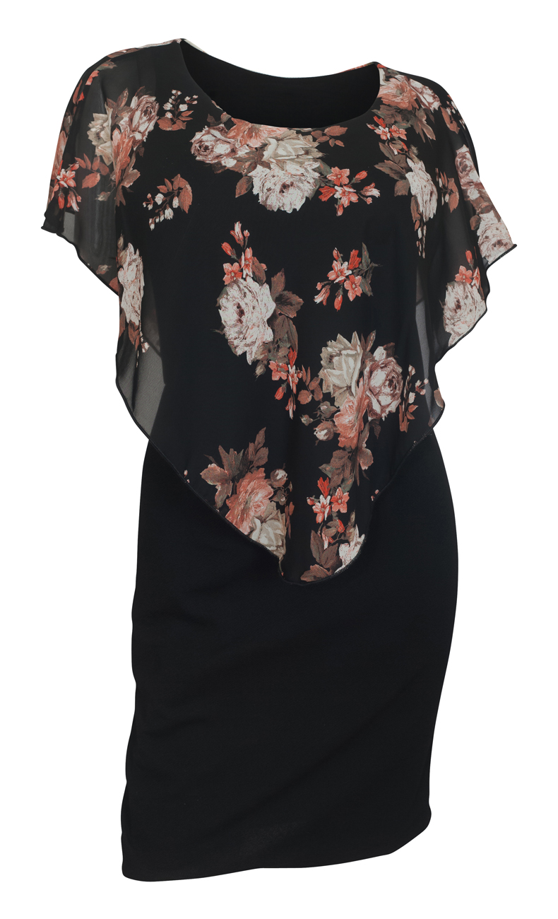 Plus Size Layered Poncho Dress Floral Print Black 10816 | eVogues Apparel
