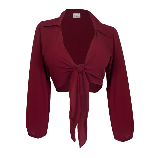 Plus Size Front Tie Off Long Sleeve Cropped Chiffon Blouse Burgundy ...