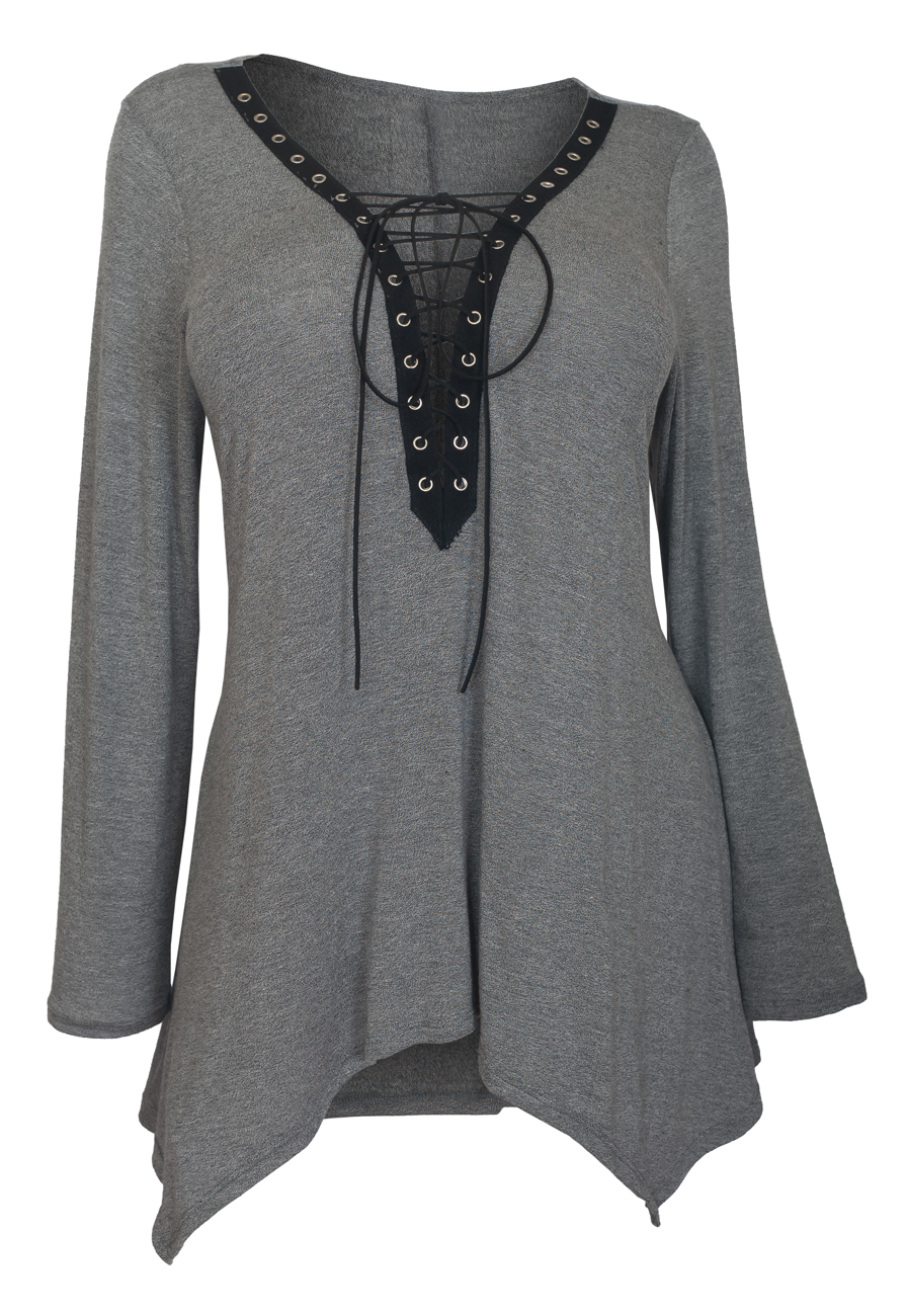 Plus Size Lace Up Long Sleeve Top Gray 