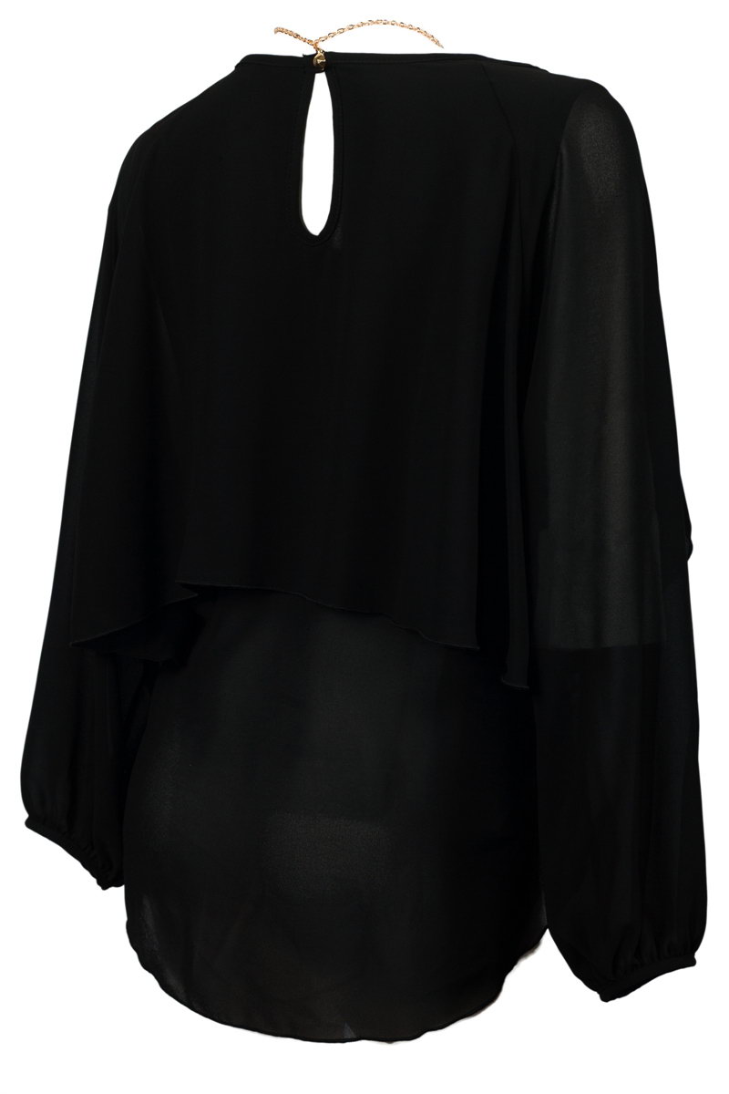 Plus Size Layered Long Sleeve Chiffon Top With Necklace Detail Black Evogues Apparel 9718