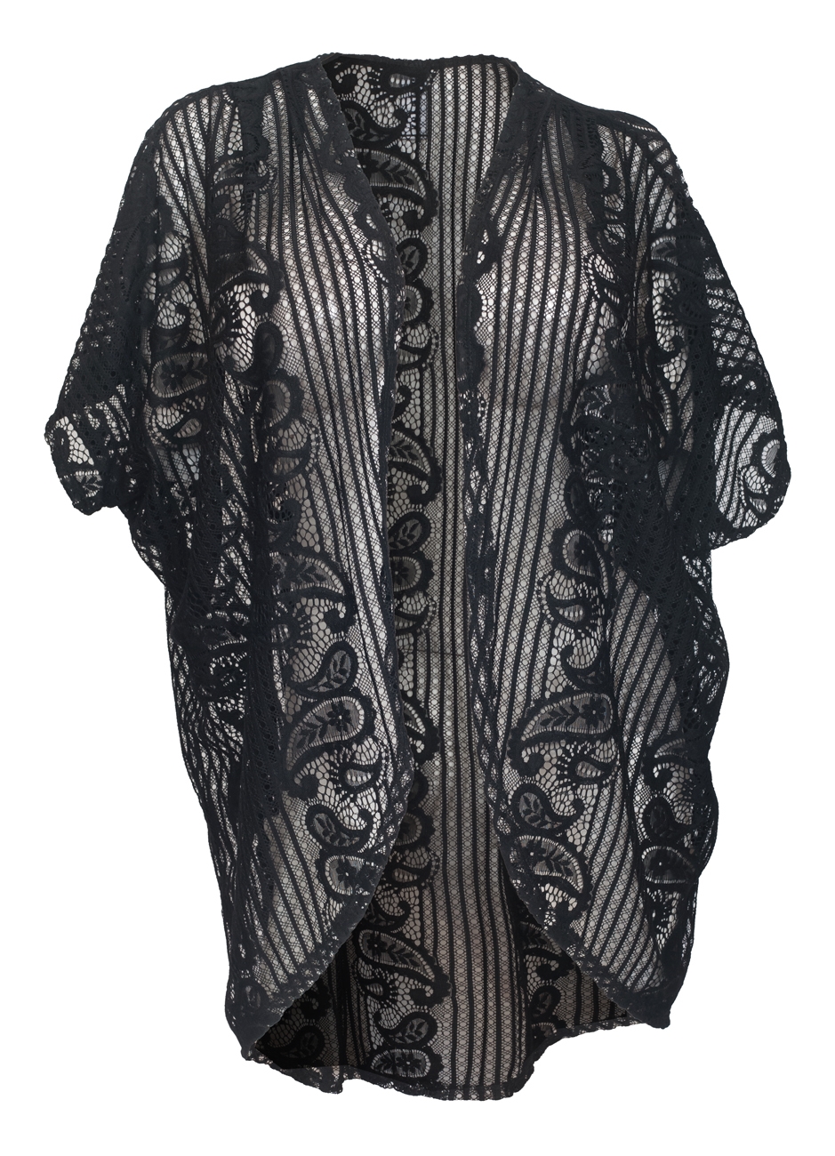 Women's Open Front Sheer Paisley Lace Cardigan Black | eVogues Apparel