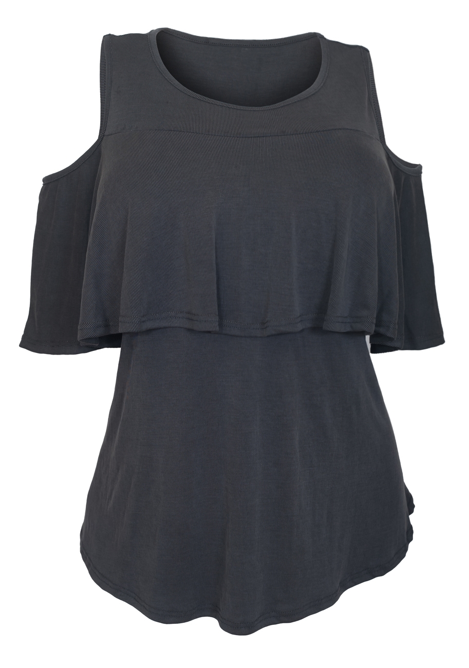 Women's Cold Shoulder Tiered Short Sleeve Top Gray | eVogues Apparel