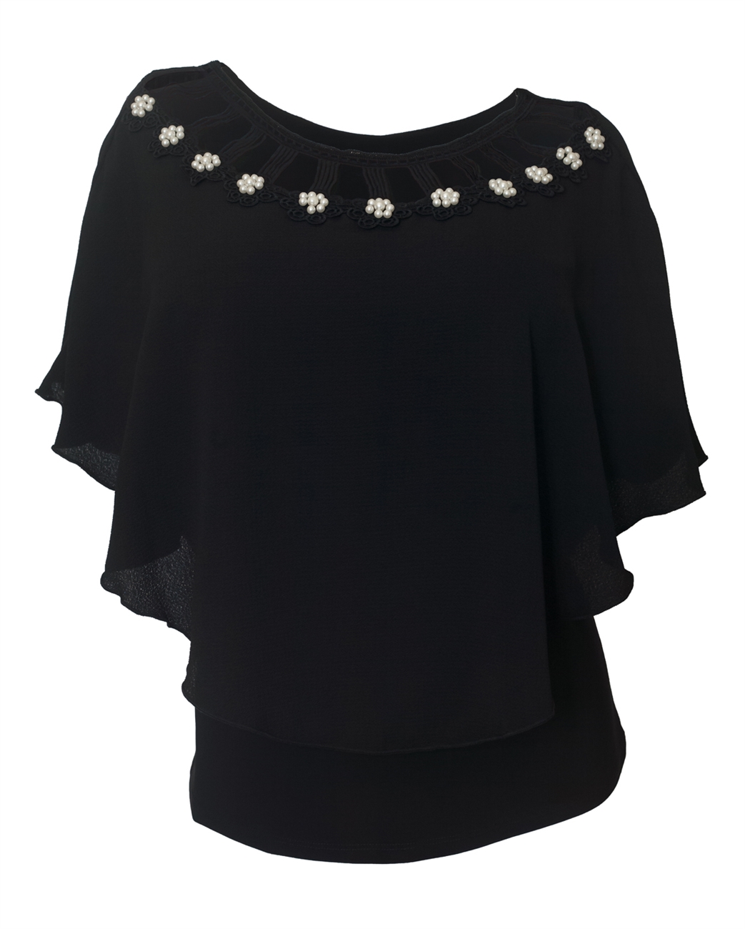 Plus Size Layered Poncho Top Cold Shoulder Black 18528 | eVogues Apparel